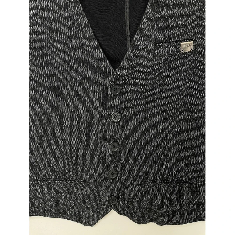 Guess Mens Vest Grey Black Textured Button Front Cinch Back L Preppy Casual